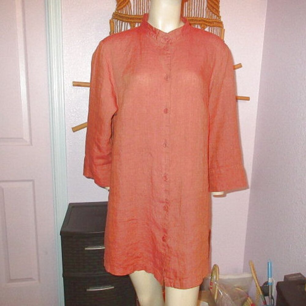 Flax Linen Blouse Top Size M Button Up Tunic 3/4 Sleeves Lagenlook Coastal Boho